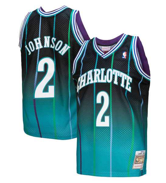 Mens Charlotte Hornets #2 Larry Johnson Teal Black Throwback Stitched Jersey Dzhi